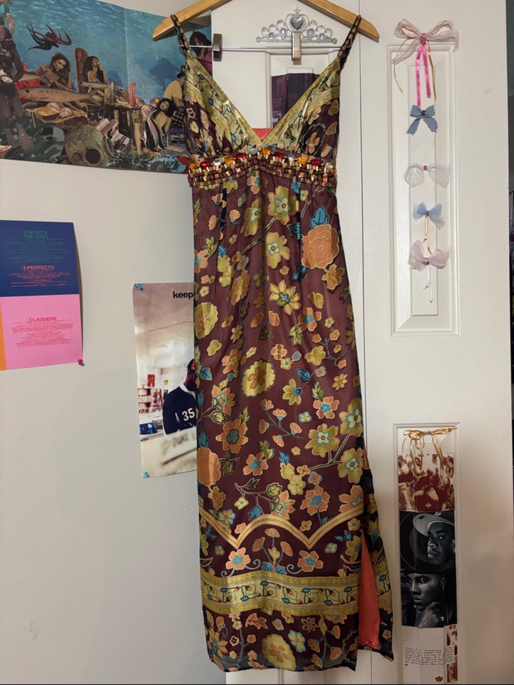 Vintage Y2K Mary L Couture Silk Burnout Floral Maxi Dress Beaded Sue Wong 2 Slit